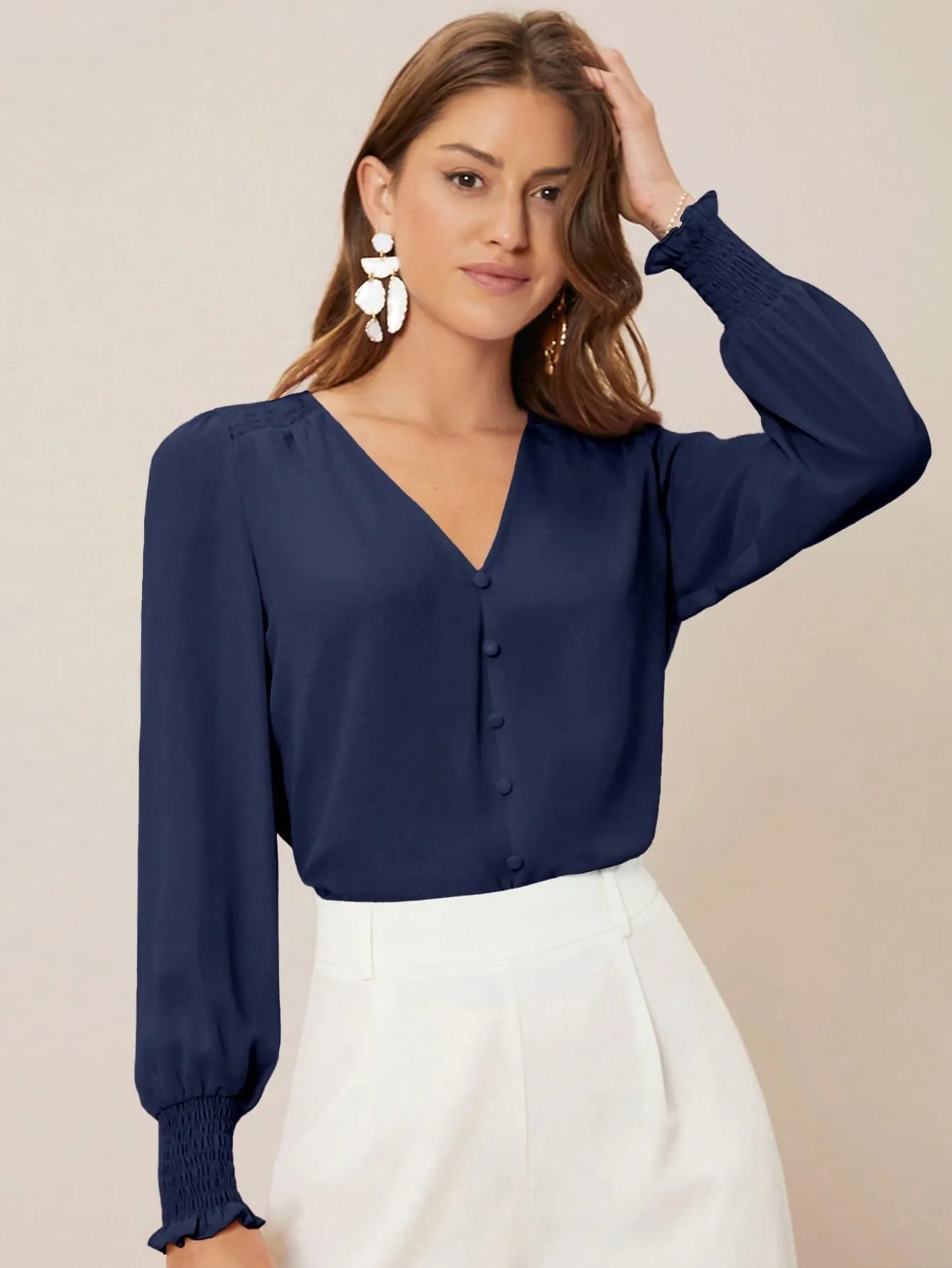 Privé Solid Button Front Lantern Sleeve Blouse