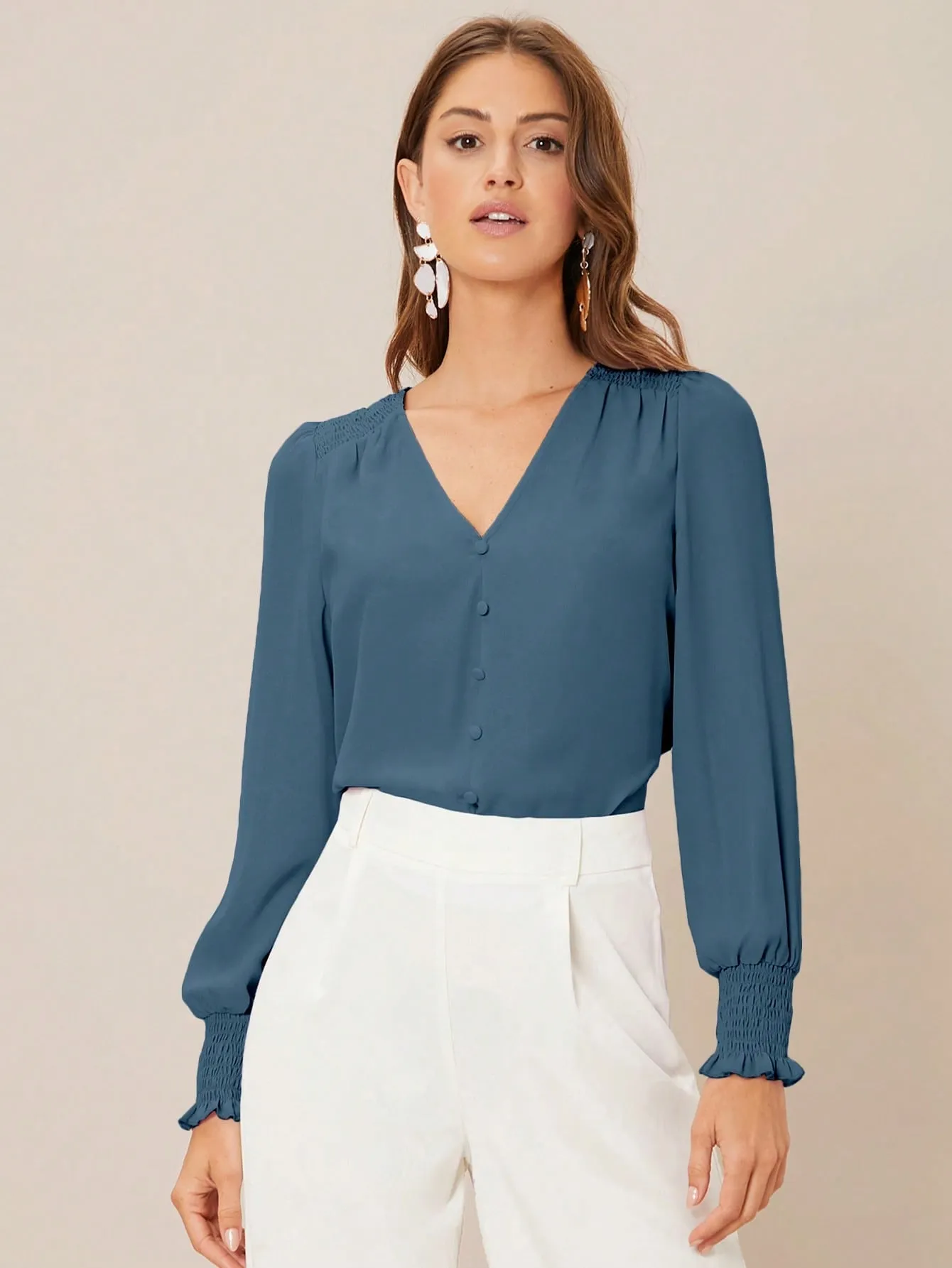 Privé Solid Button Front Lantern Sleeve Blouse