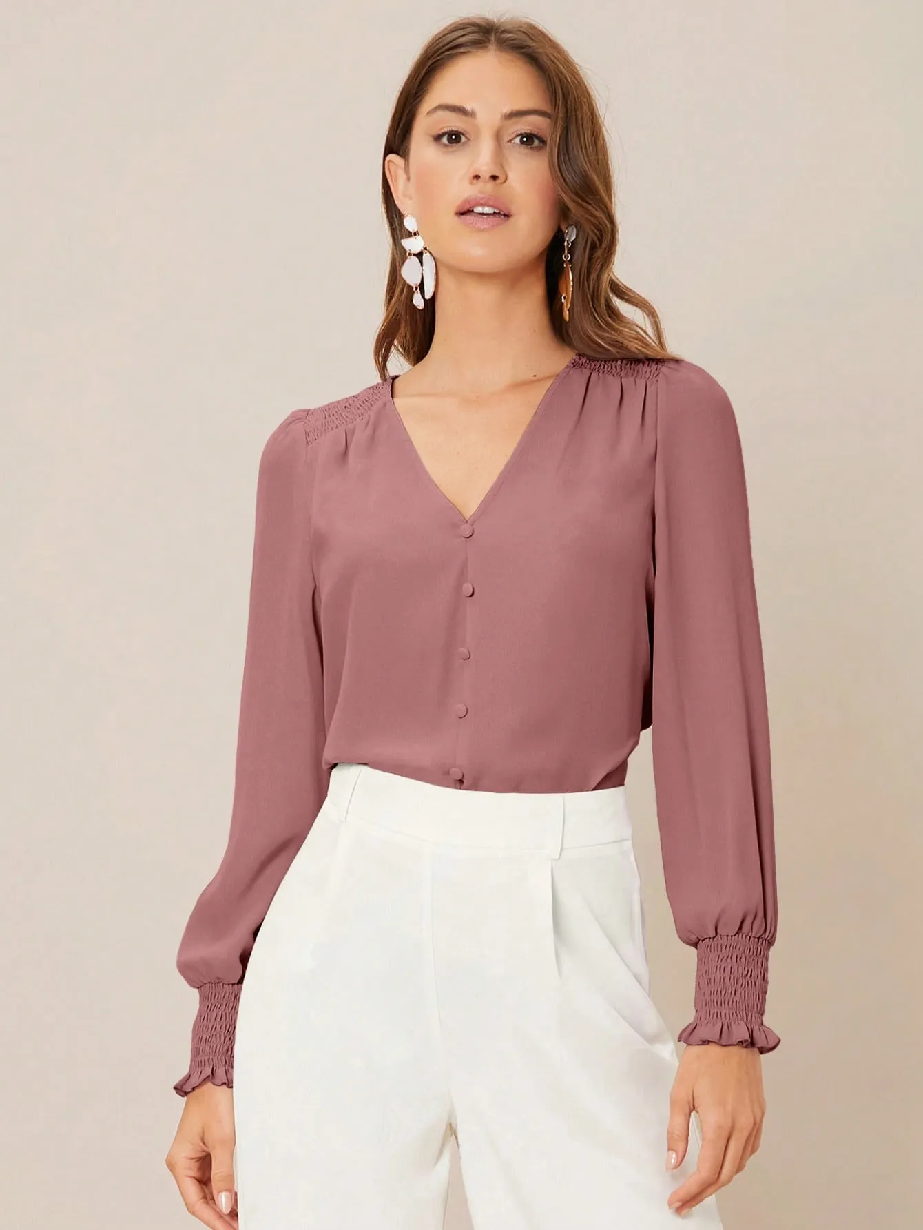 Privé Solid Button Front Lantern Sleeve Blouse