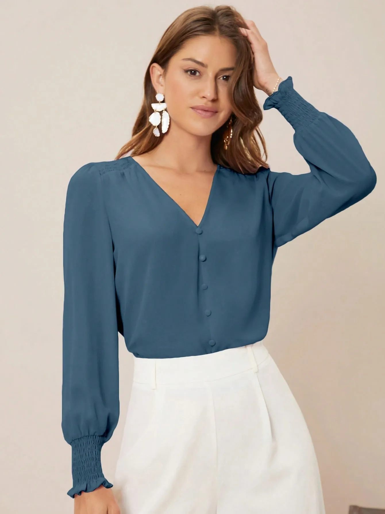 Privé Solid Button Front Lantern Sleeve Blouse