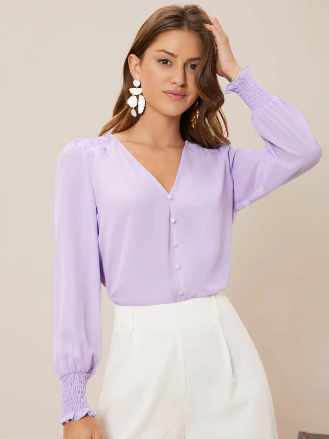 Privé Solid Button Front Lantern Sleeve Blouse