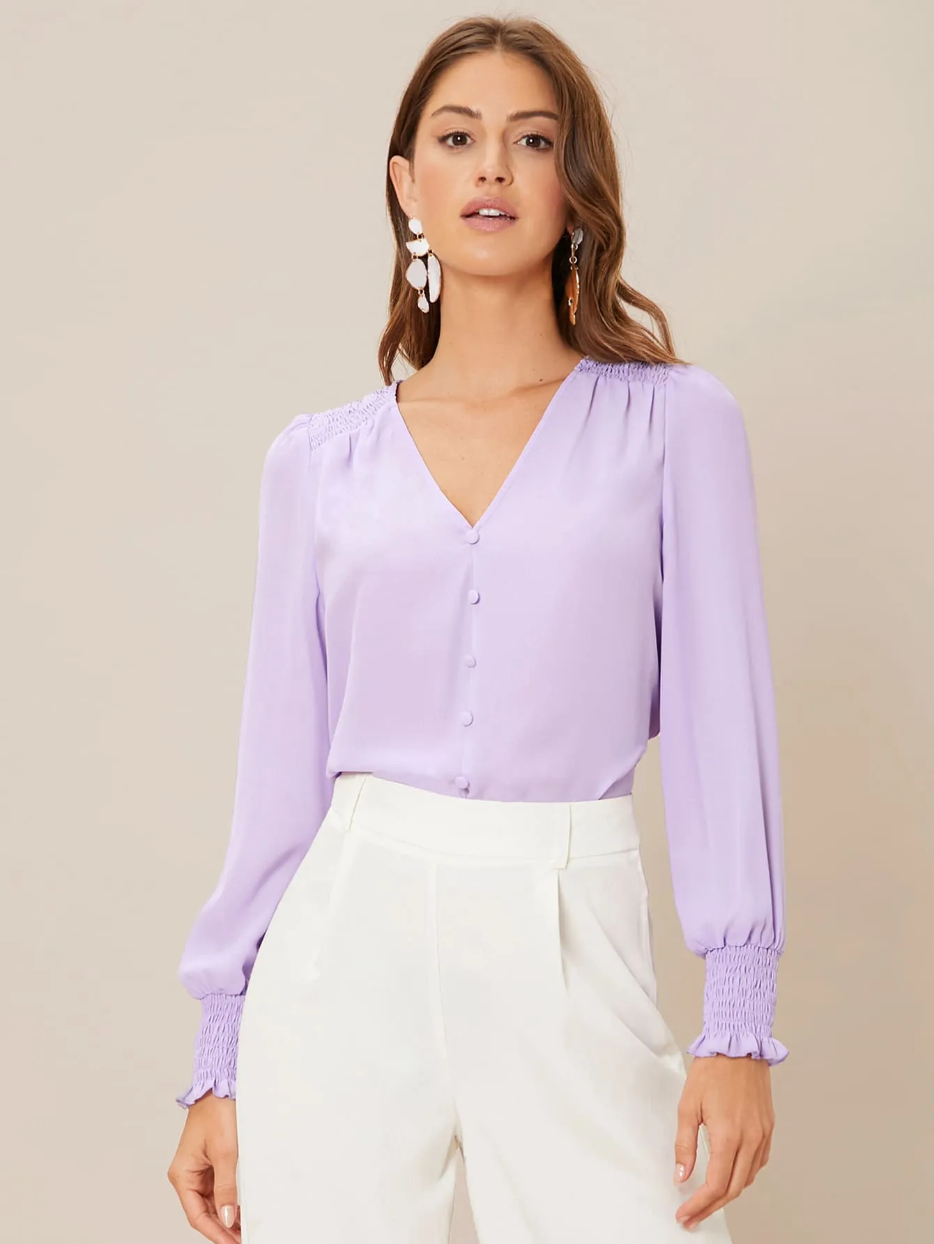 Privé Solid Button Front Lantern Sleeve Blouse