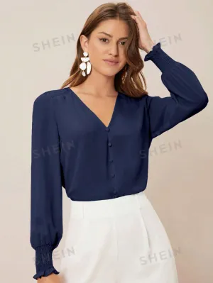 Privé Solid Button Front Lantern Sleeve Blouse