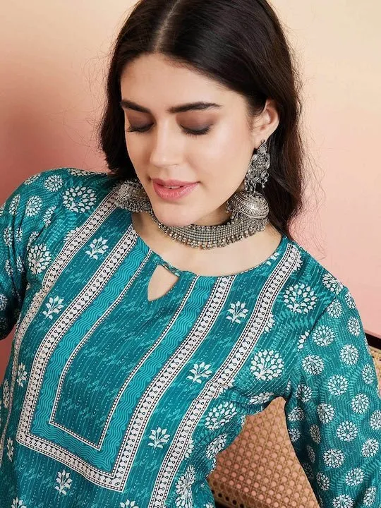 Rama Green Floral Printed Regular Pure Cotton Kurta With Trousers