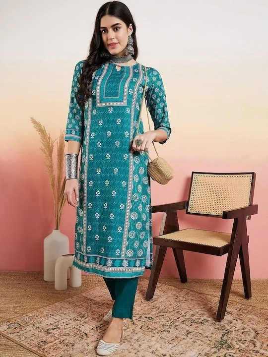 Rama Green Floral Printed Regular Pure Cotton Kurta With Trousers