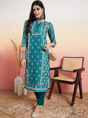 Rama Green Floral Printed Regular Pure Cotton Kurta With Trousers