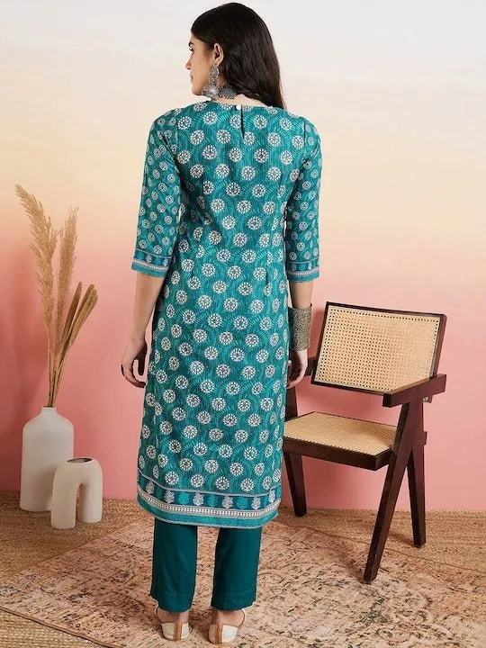 Rama Green Floral Printed Regular Pure Cotton Kurta With Trousers