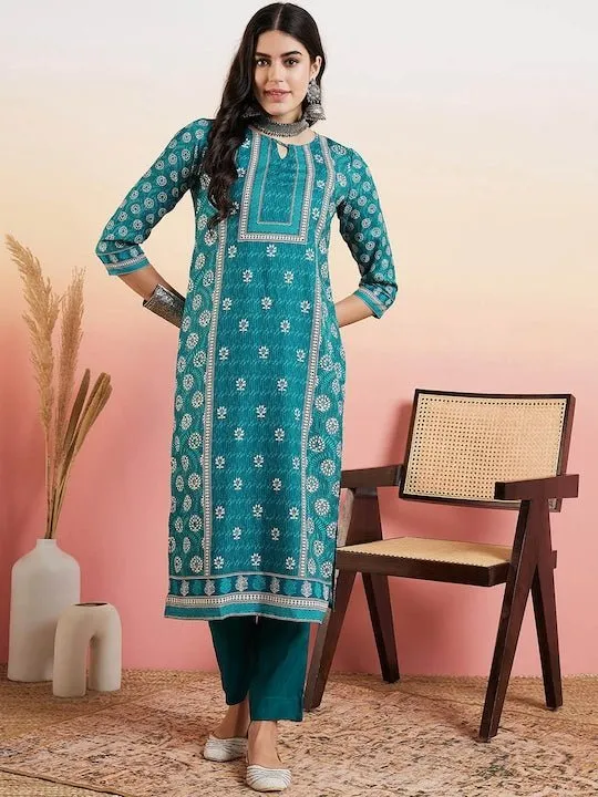 Rama Green Floral Printed Regular Pure Cotton Kurta With Trousers