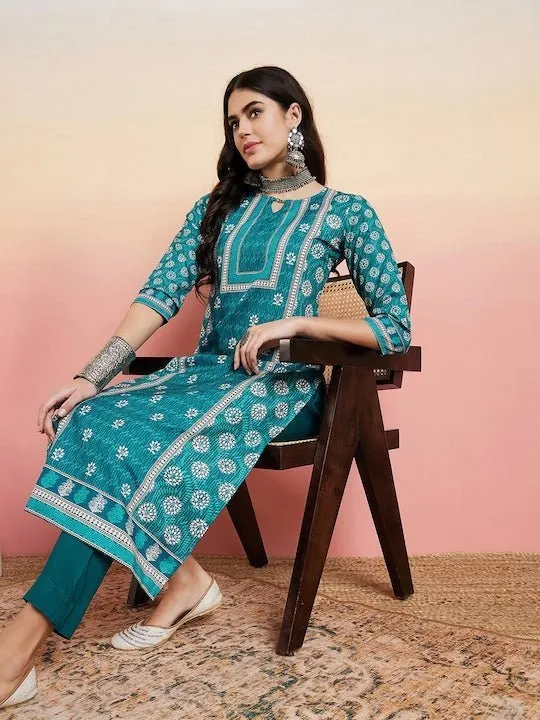 Rama Green Floral Printed Regular Pure Cotton Kurta With Trousers