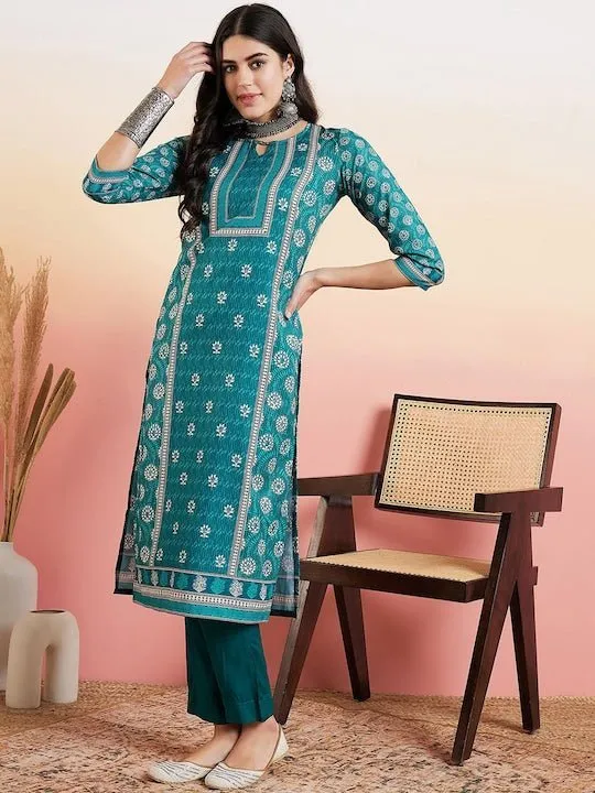 Rama Green Floral Printed Regular Pure Cotton Kurta With Trousers