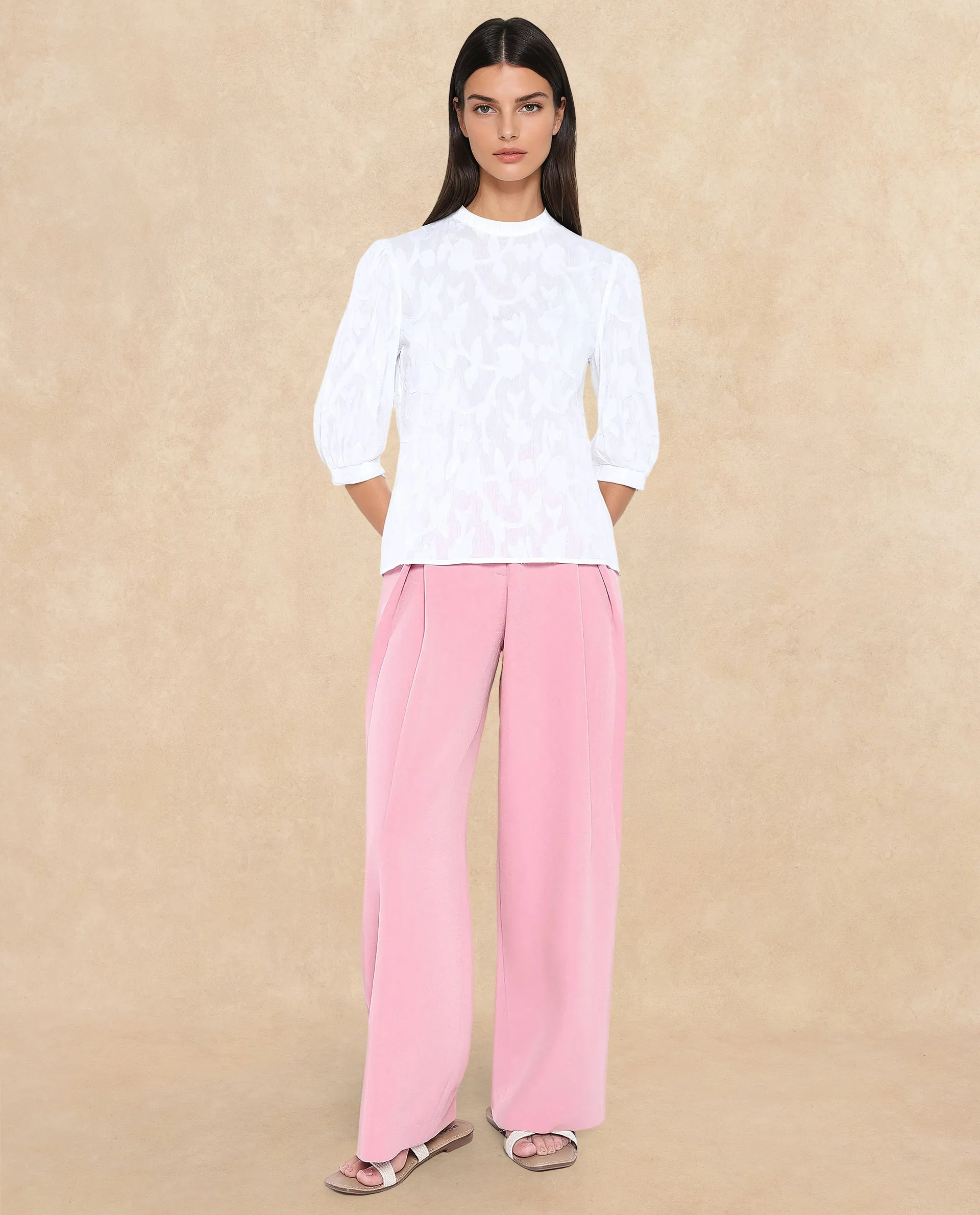 Rareism Women Reis White Puff Sleeves Round Neck Button Closure Regular Fit Plain Top