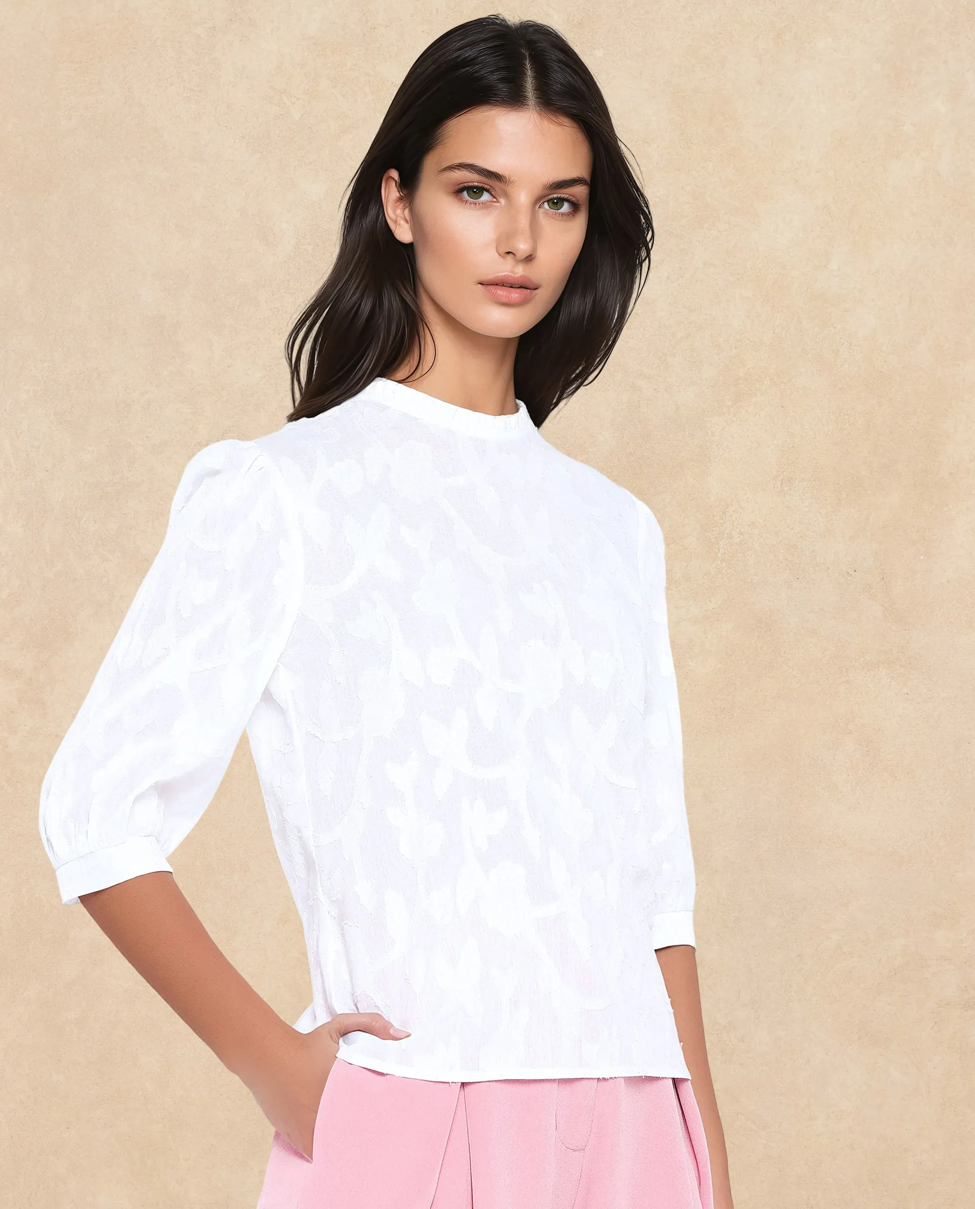 Rareism Women Reis White Puff Sleeves Round Neck Button Closure Regular Fit Plain Top