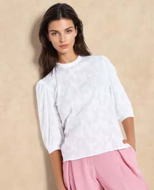 Rareism Women Reis White Puff Sleeves Round Neck Button Closure Regular Fit Plain Top