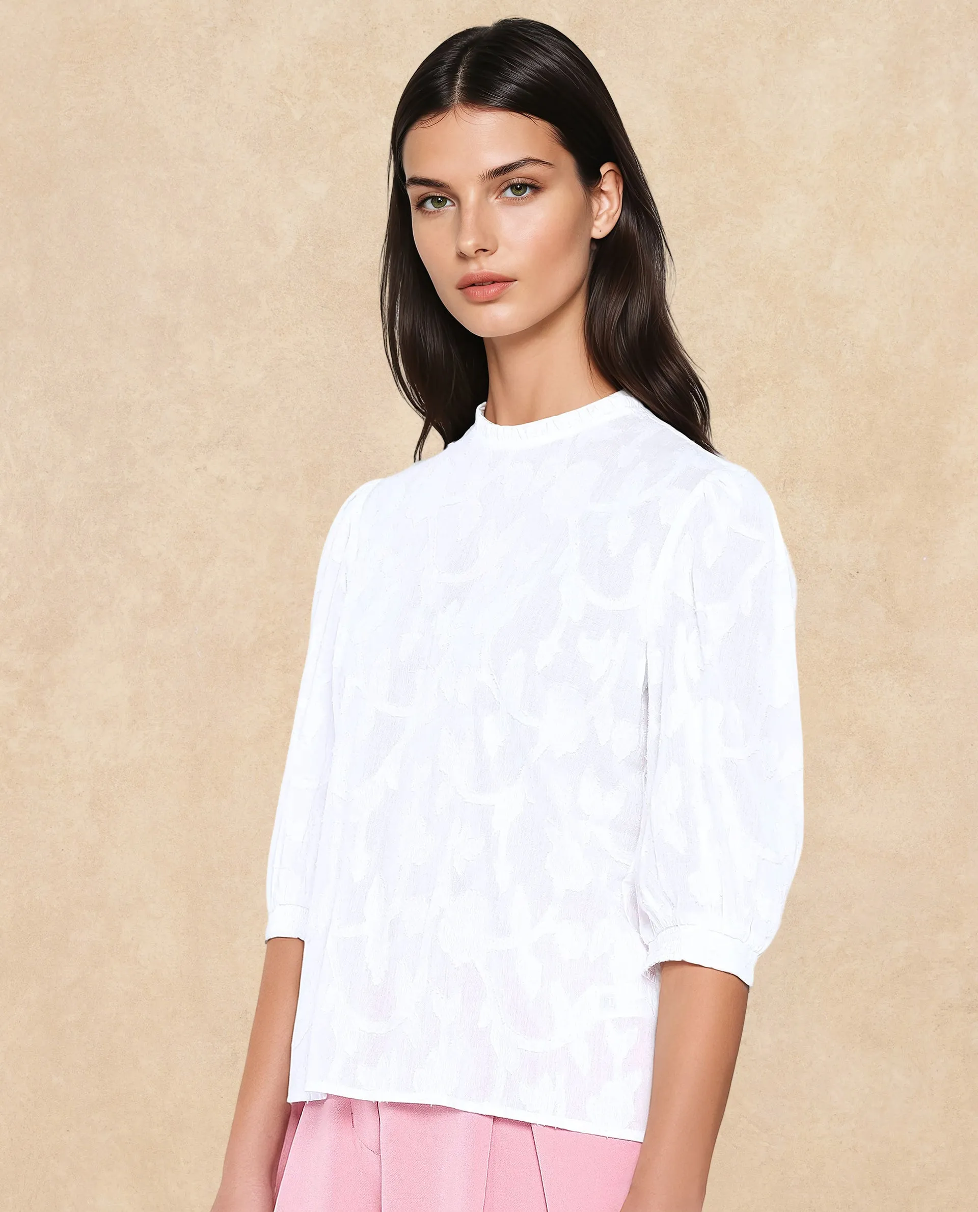 Rareism Women Reis White Puff Sleeves Round Neck Button Closure Regular Fit Plain Top