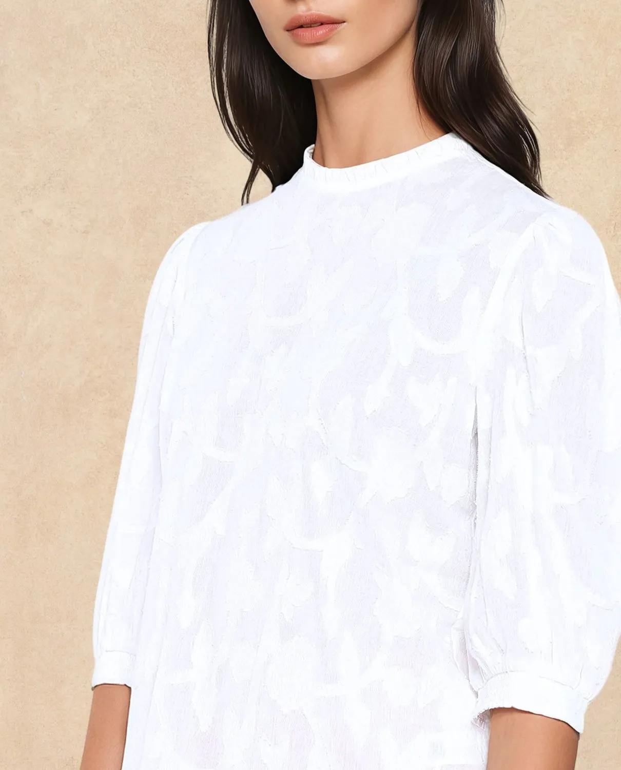 Rareism Women Reis White Puff Sleeves Round Neck Button Closure Regular Fit Plain Top