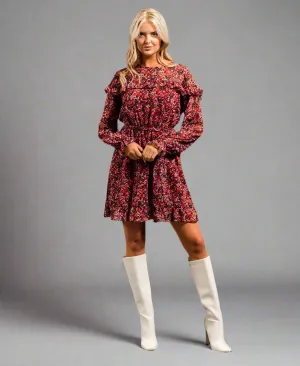 Red Floral Ruffle Fit and Flare Dress