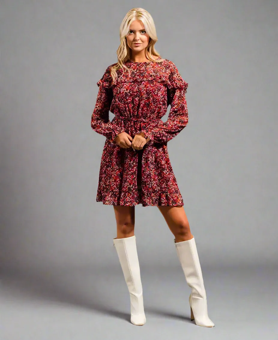 Red Floral Ruffle Fit and Flare Dress