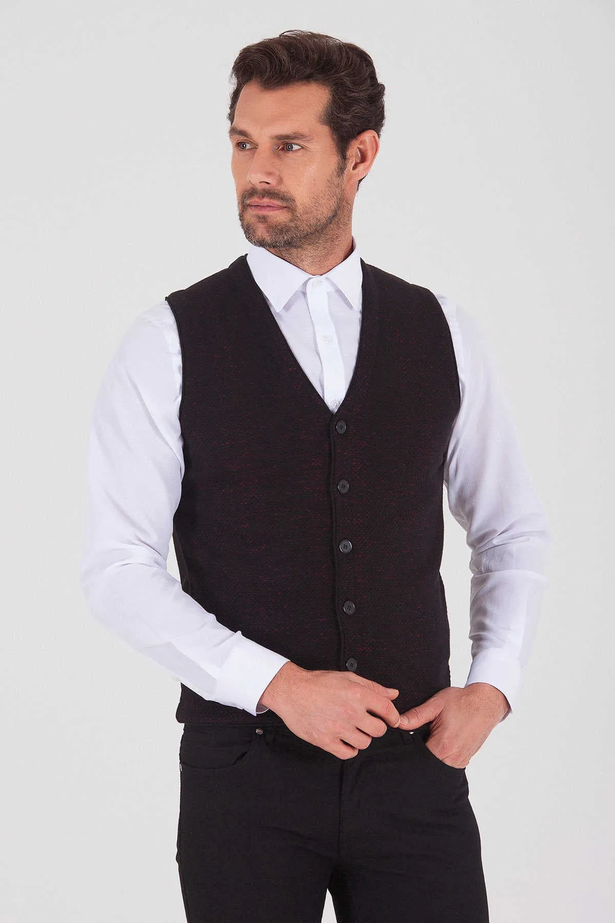 Regular Fit Black - Burgundy Cotton Blend Vest