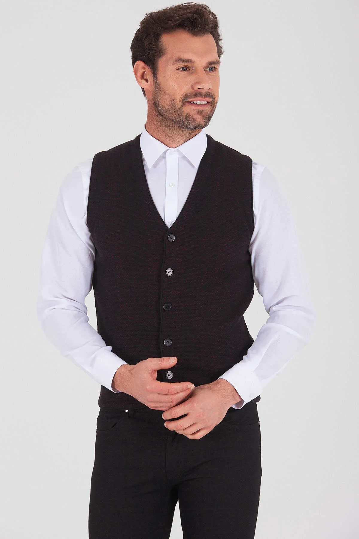 Regular Fit Black - Burgundy Cotton Blend Vest