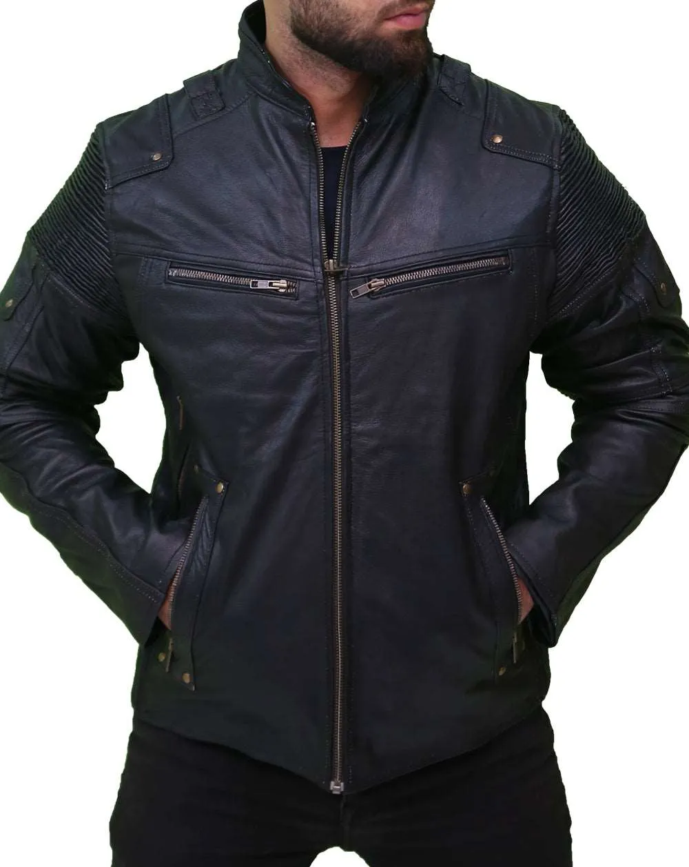 Retro Black Cafe Racer Motorcycle Leather Jacket