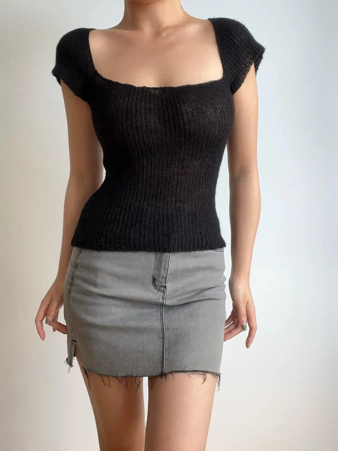 Retro Square Collar Knitwear: Chic High Waist Style Statement