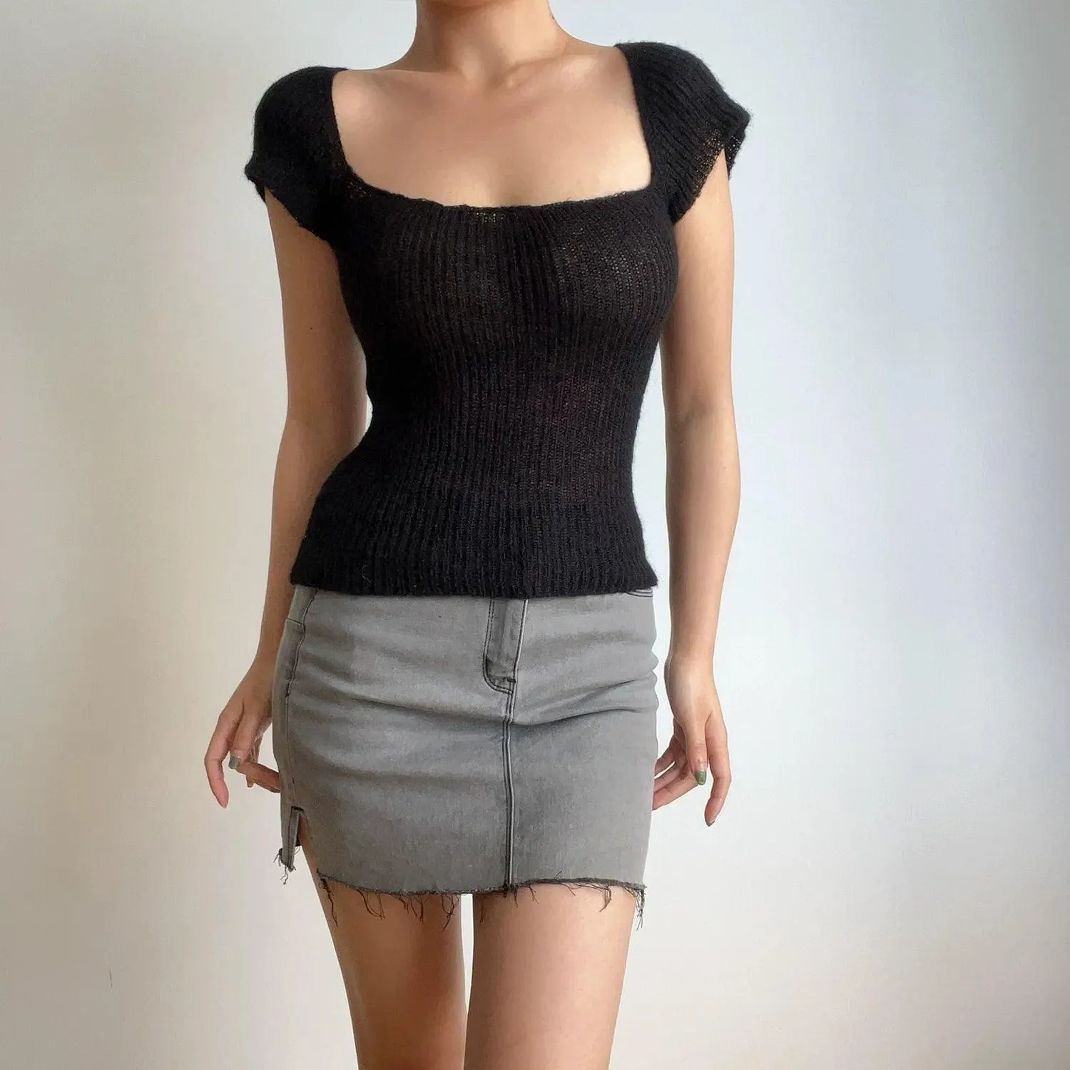 Retro Square Collar Knitwear: Chic High Waist Style Statement
