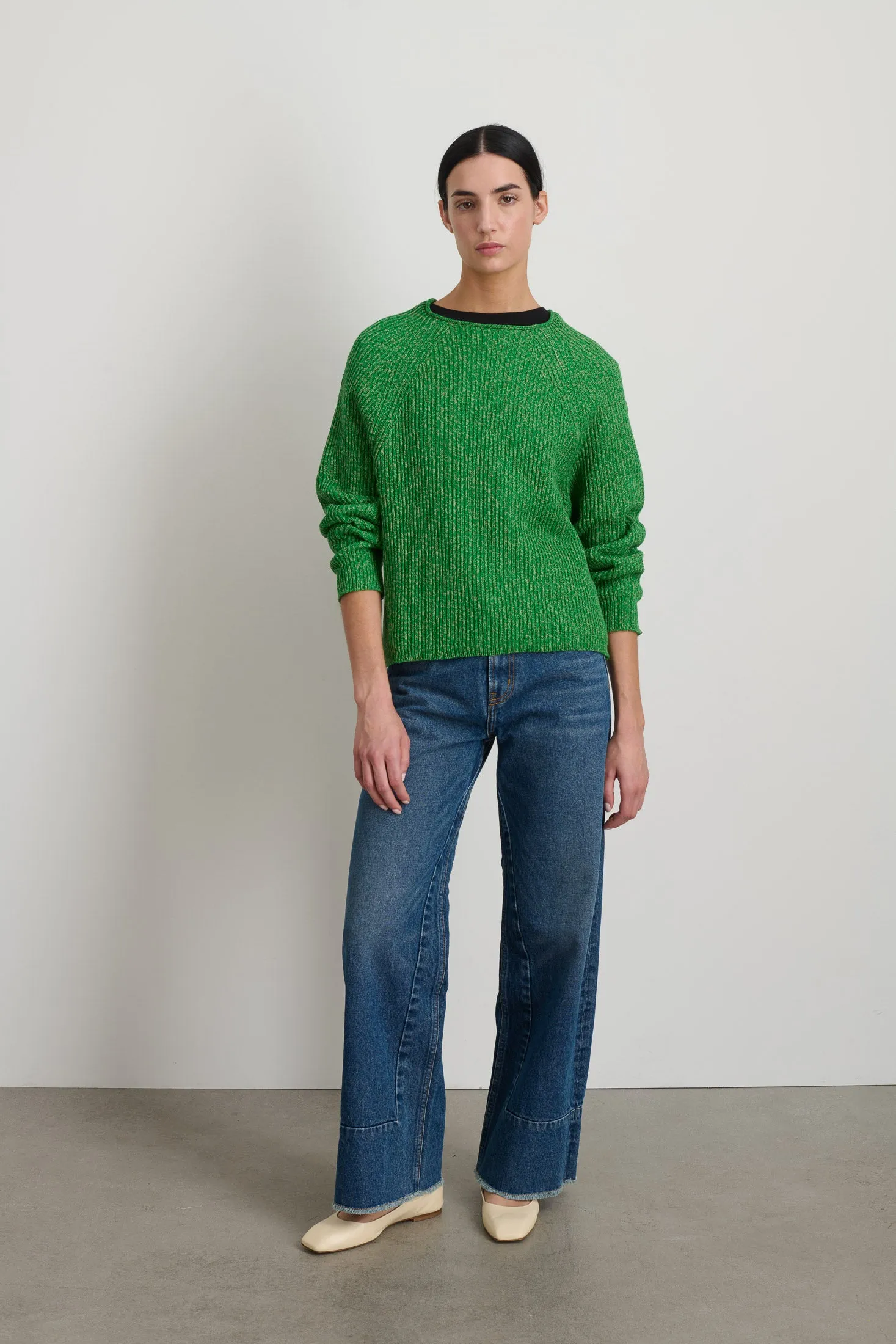 Roll Neck Shaker Stitch Pullover Green / Peach