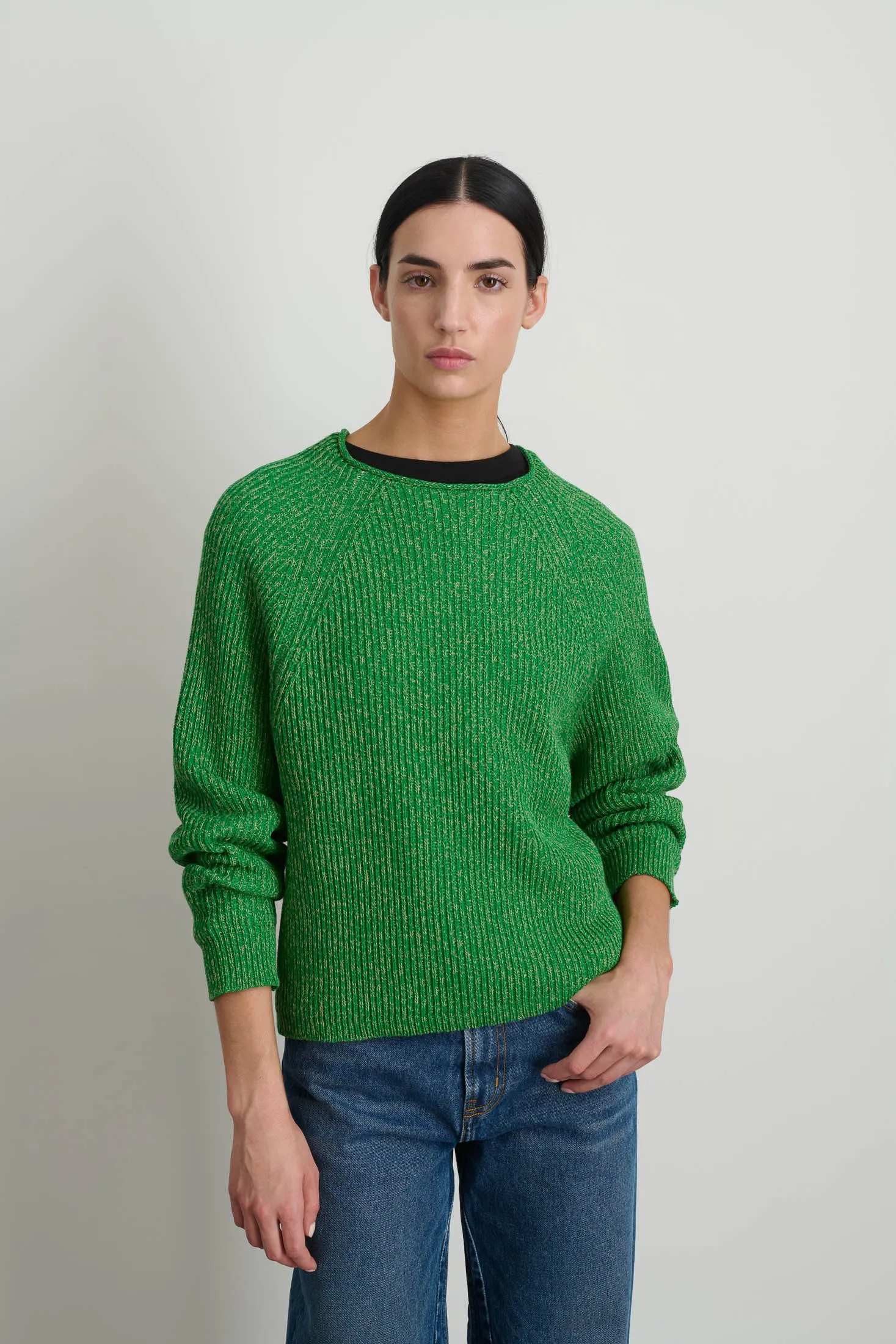 Roll Neck Shaker Stitch Pullover Green / Peach