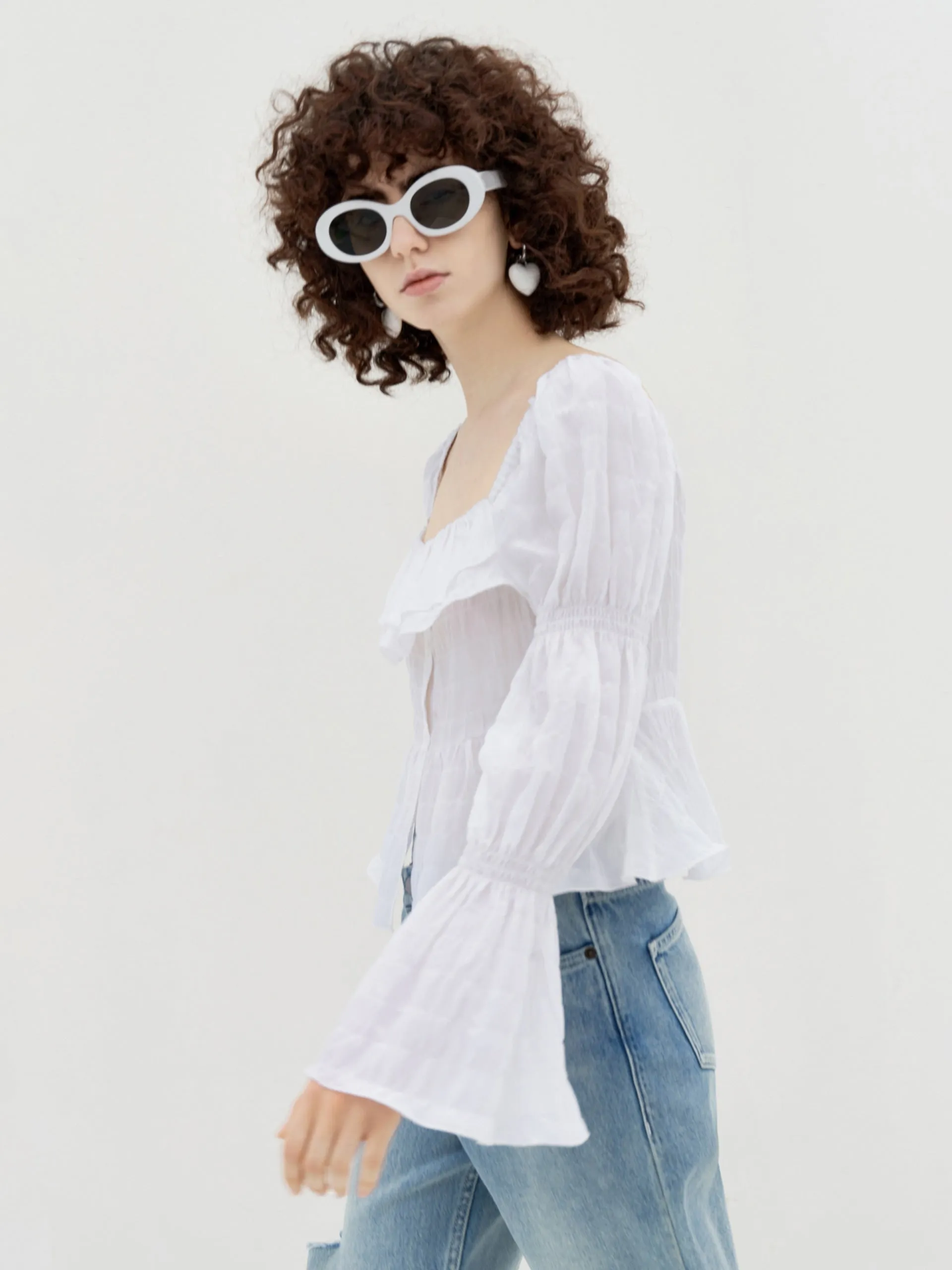 Ruffled Square Neck Jacquard Top