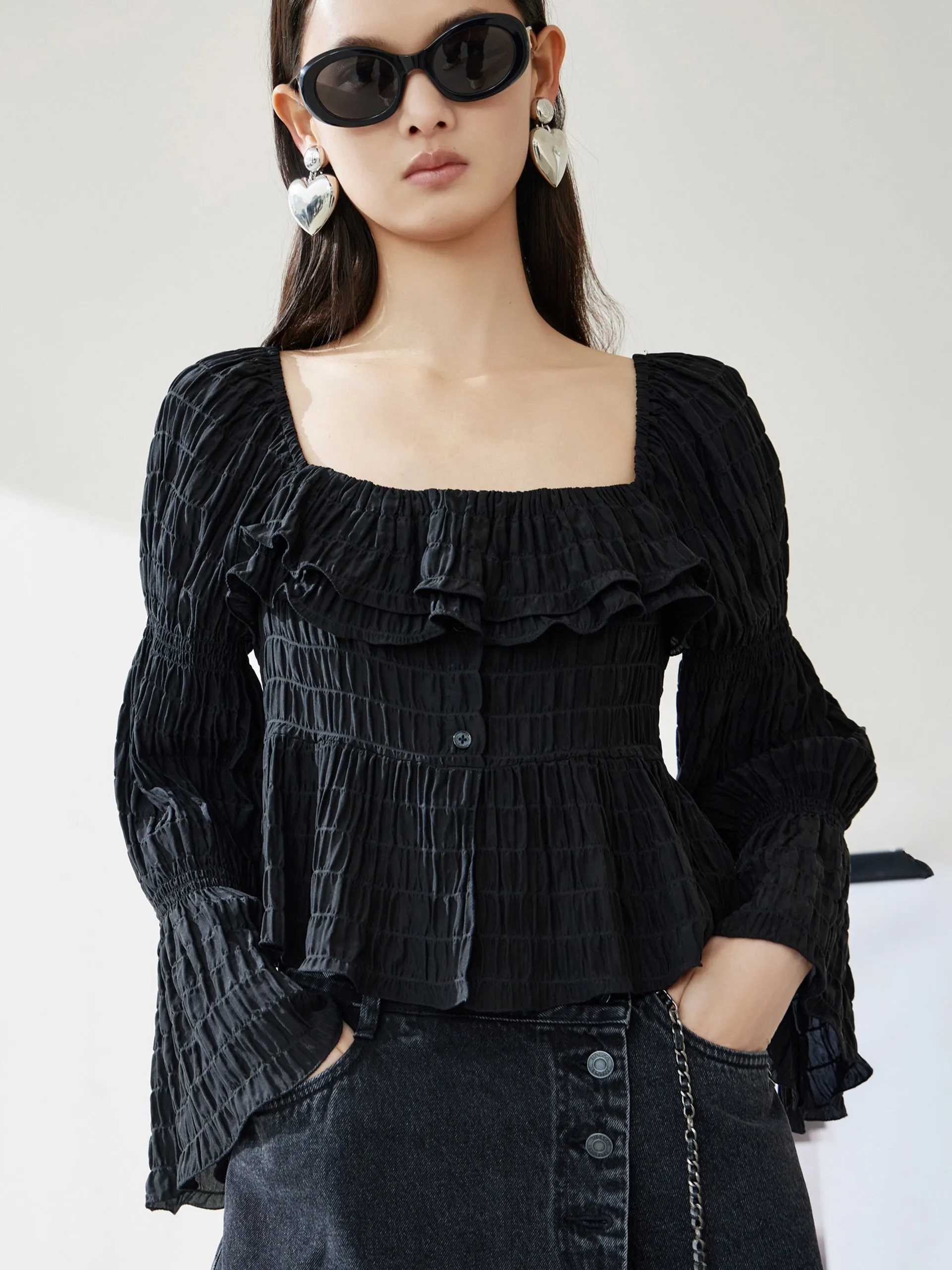 Ruffled Square Neck Jacquard Top