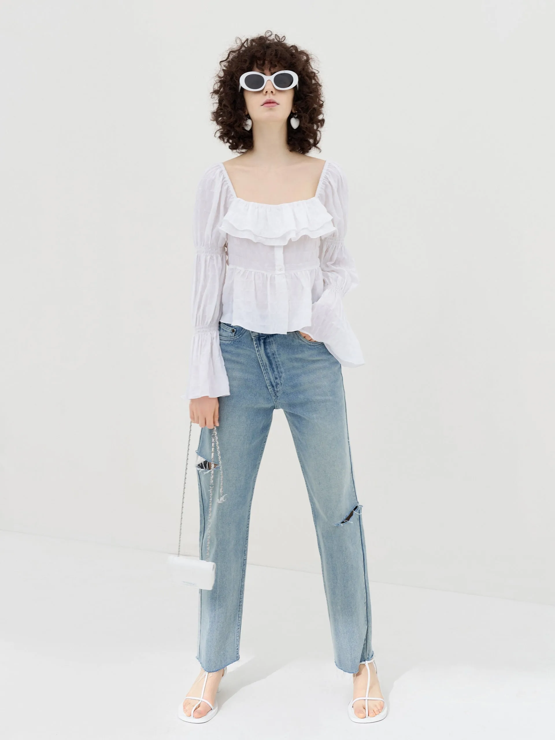 Ruffled Square Neck Jacquard Top