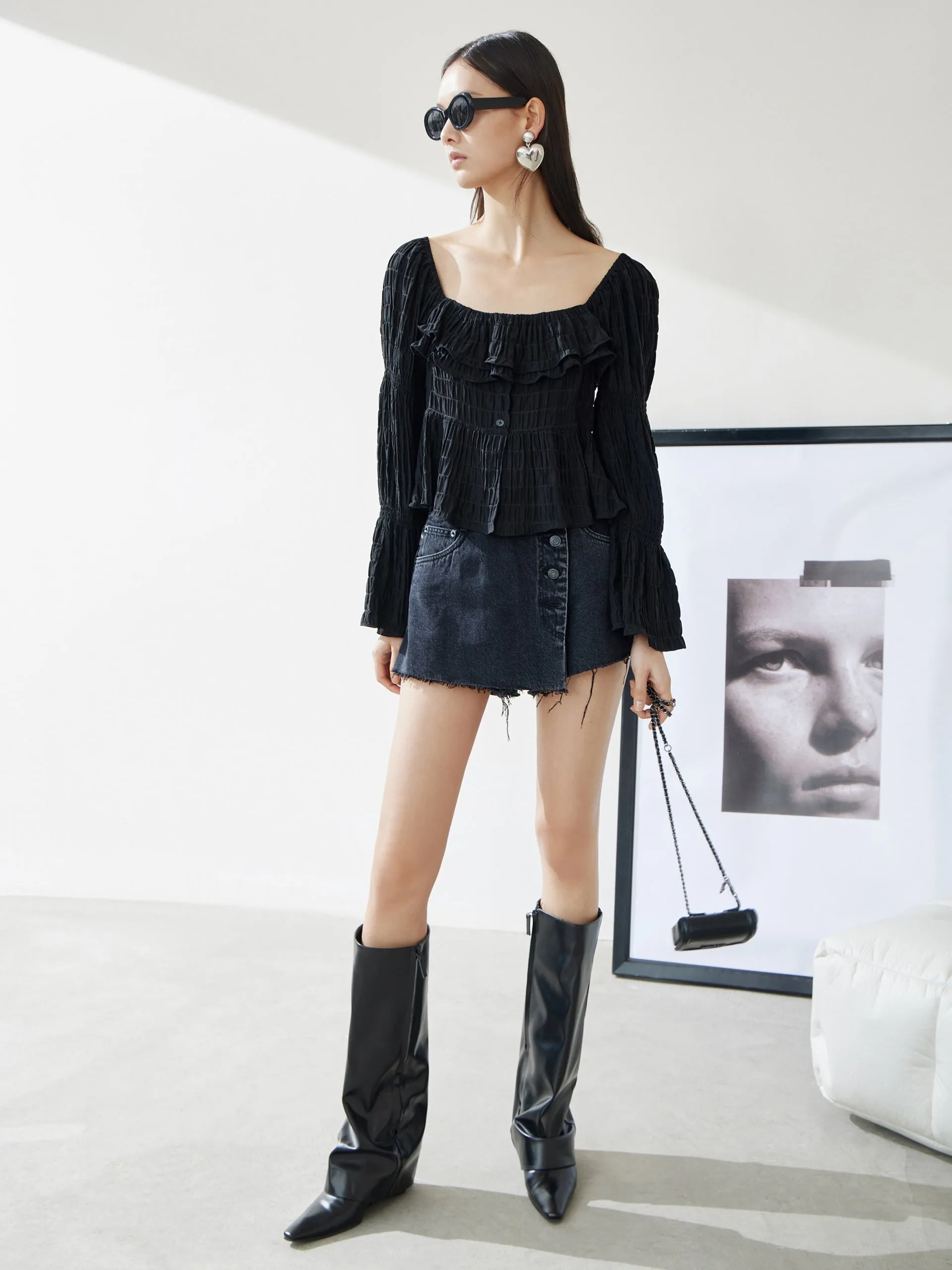 Ruffled Square Neck Jacquard Top