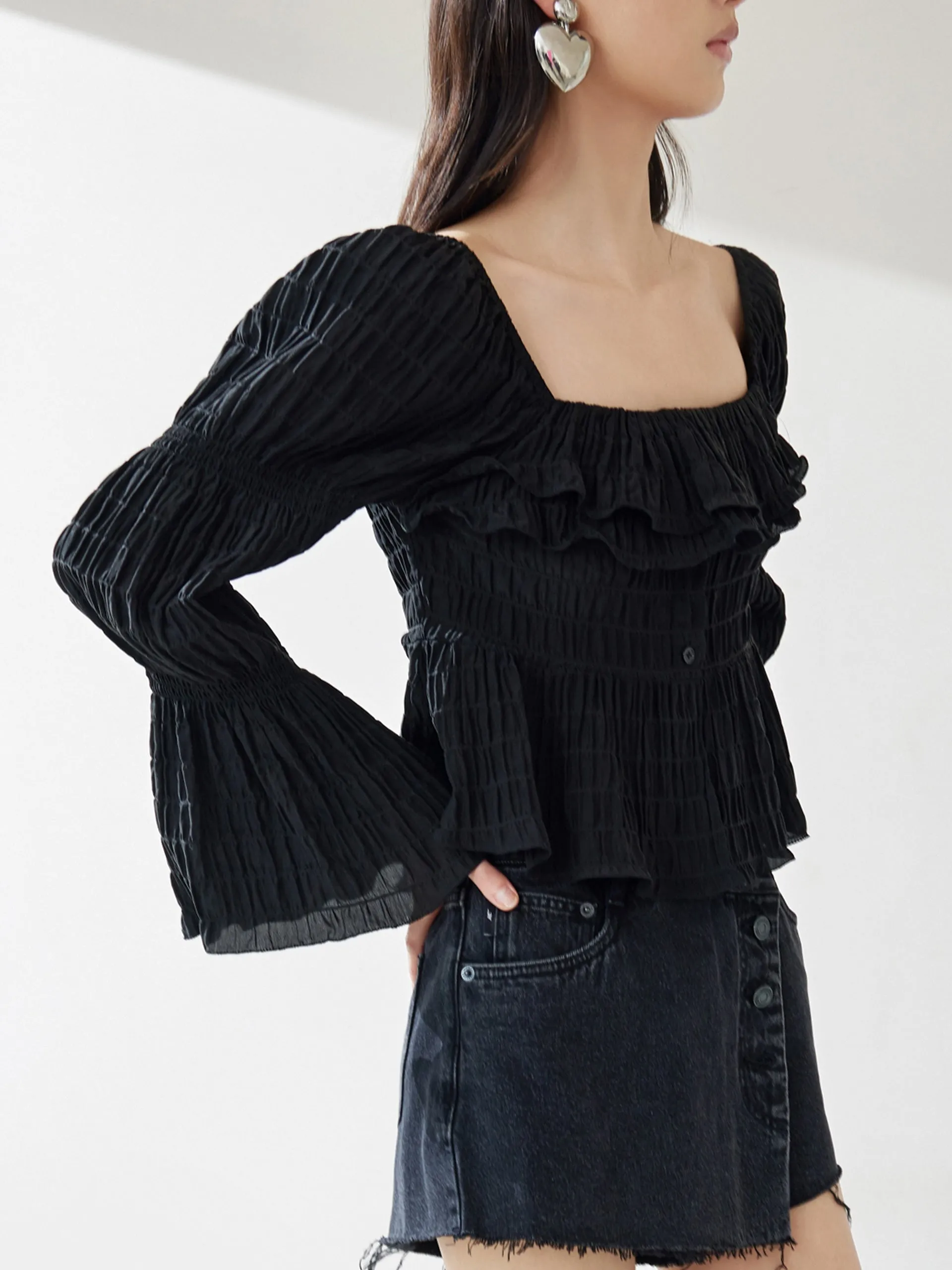 Ruffled Square Neck Jacquard Top