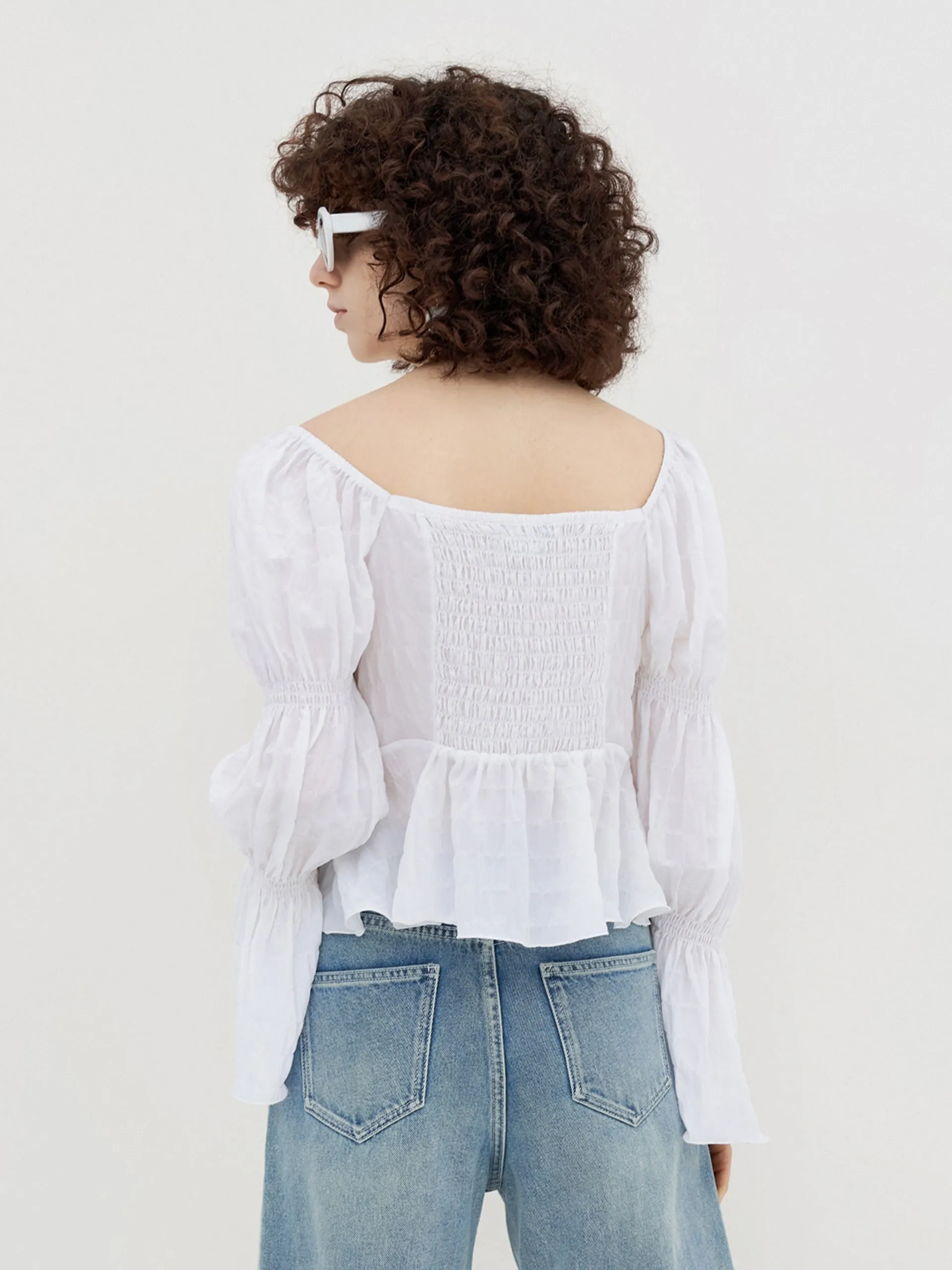 Ruffled Square Neck Jacquard Top