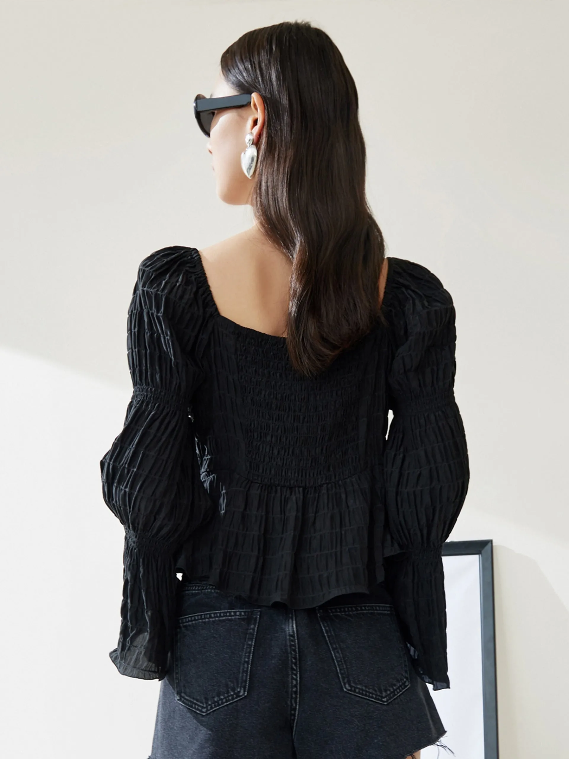 Ruffled Square Neck Jacquard Top