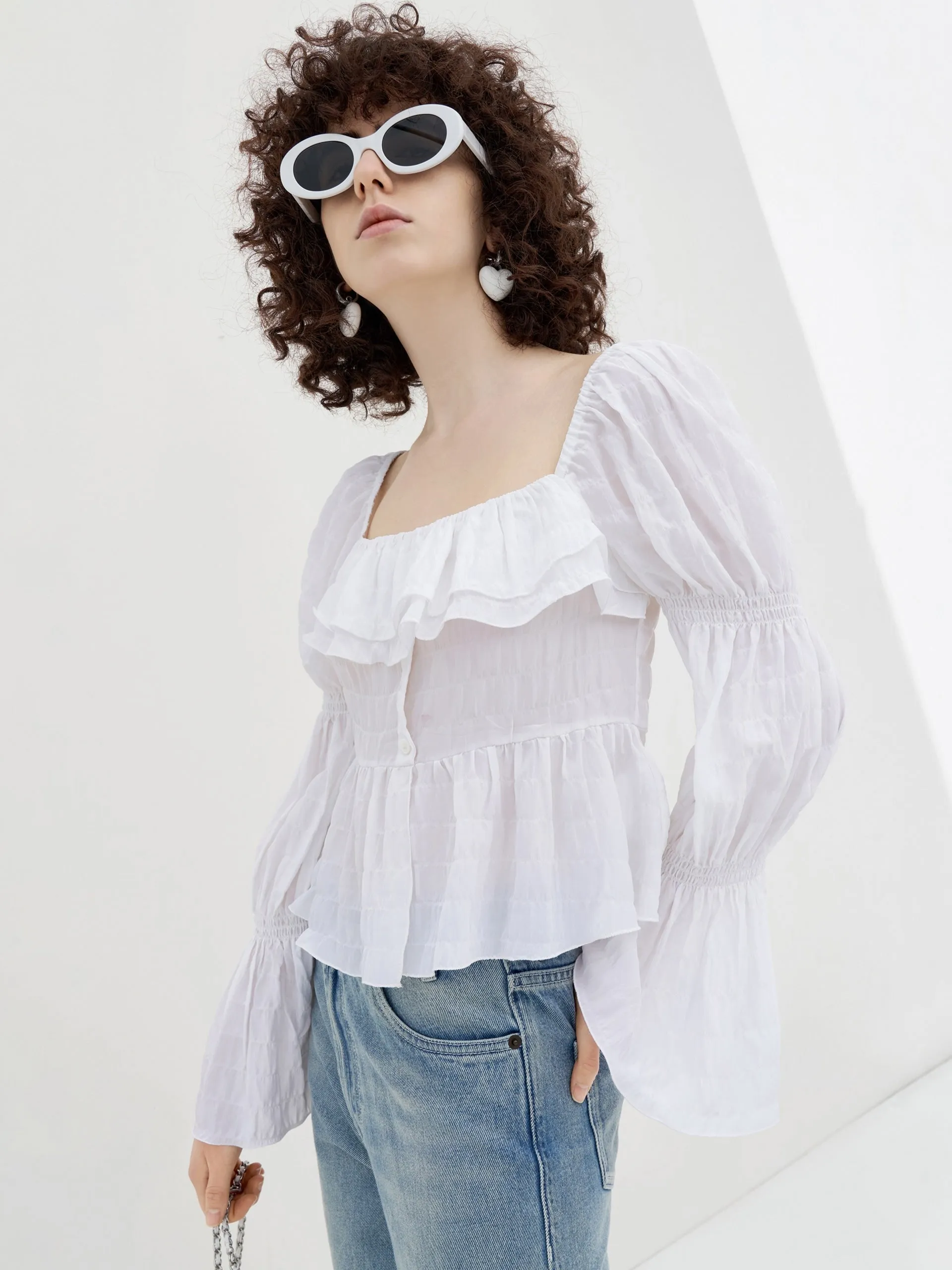 Ruffled Square Neck Jacquard Top