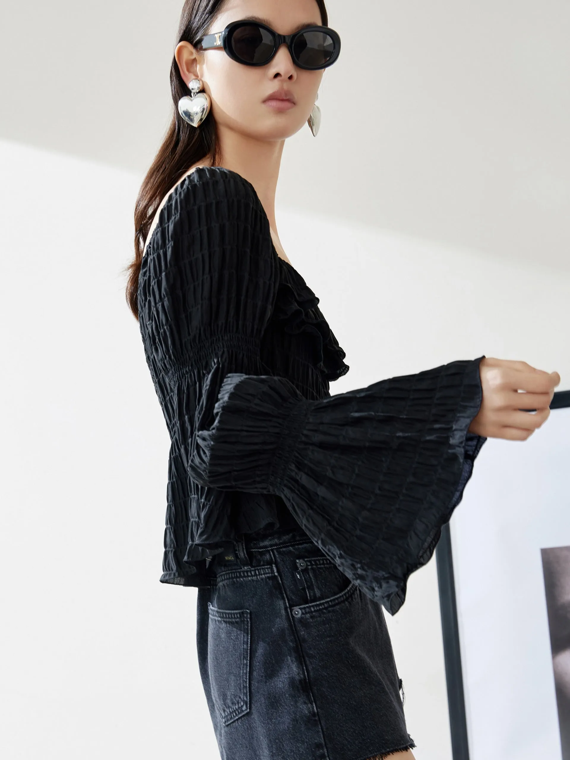 Ruffled Square Neck Jacquard Top