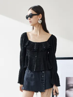 Ruffled Square Neck Jacquard Top