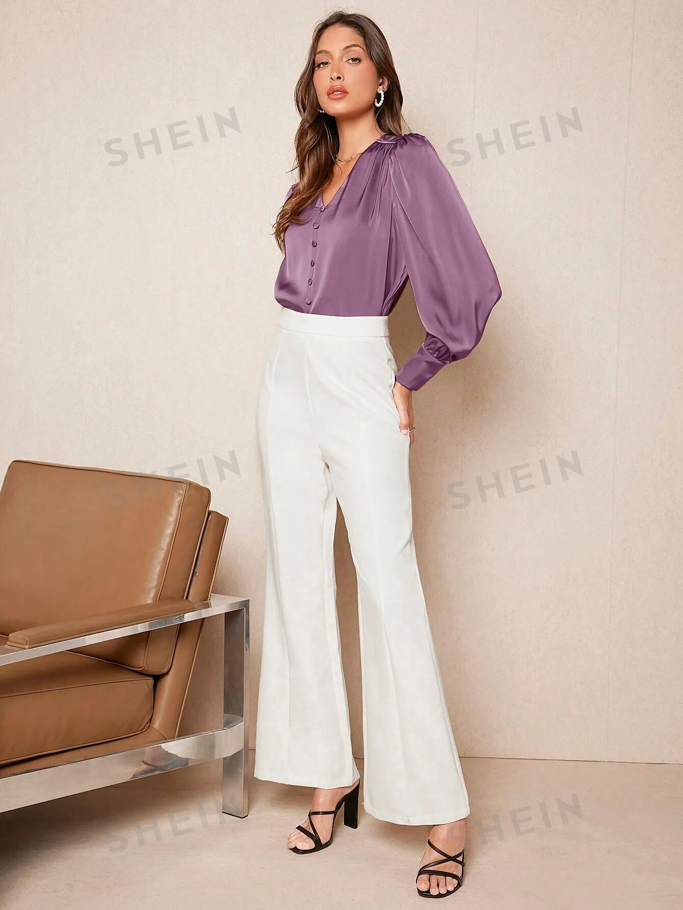 SHEIN BIZwear Solid Button Front Lantern Sleeve Satin Blouse