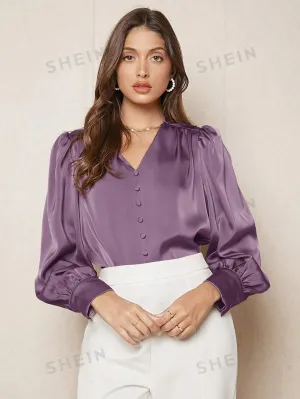 SHEIN BIZwear Solid Button Front Lantern Sleeve Satin Blouse