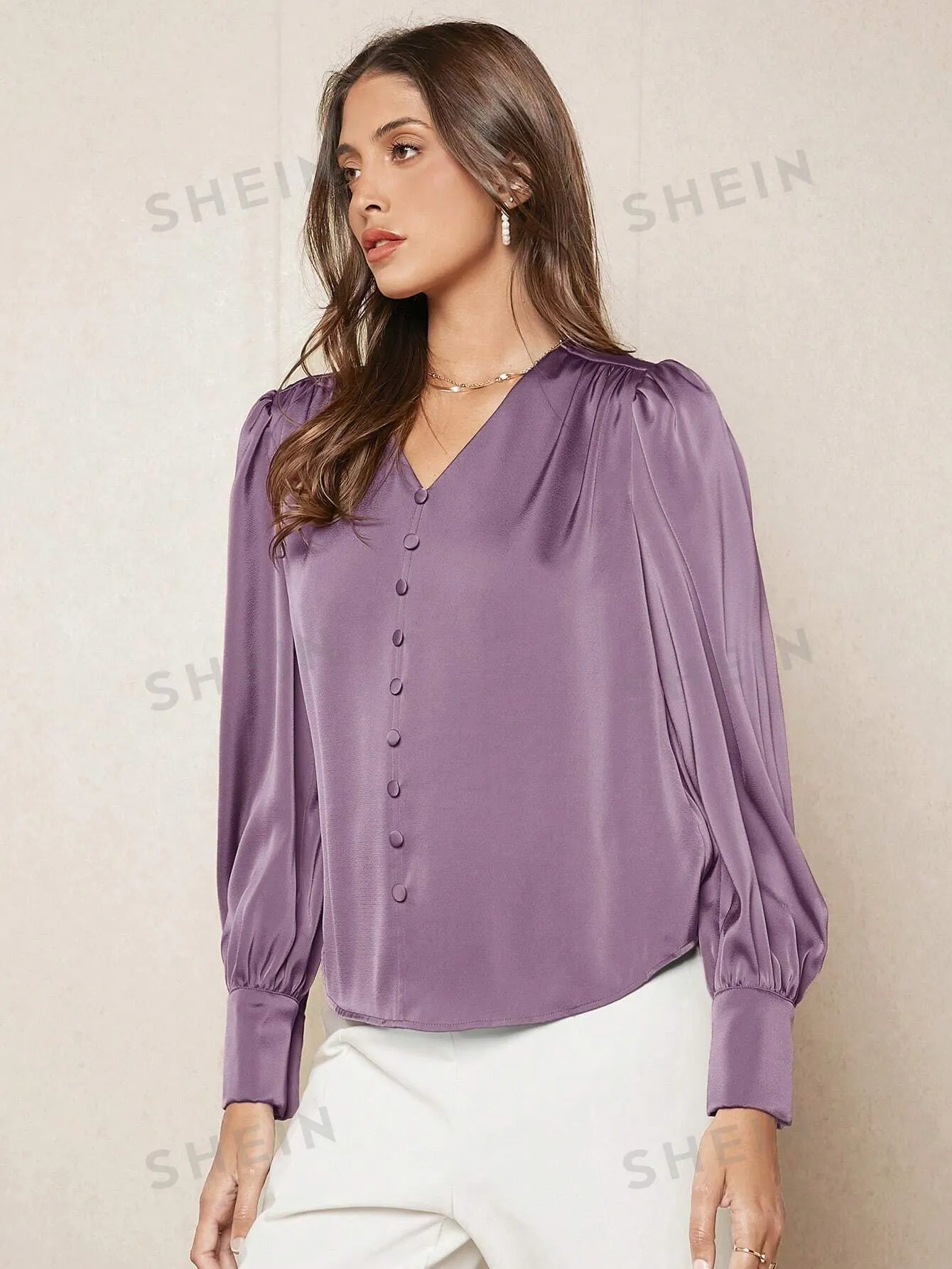 SHEIN BIZwear Solid Button Front Lantern Sleeve Satin Blouse