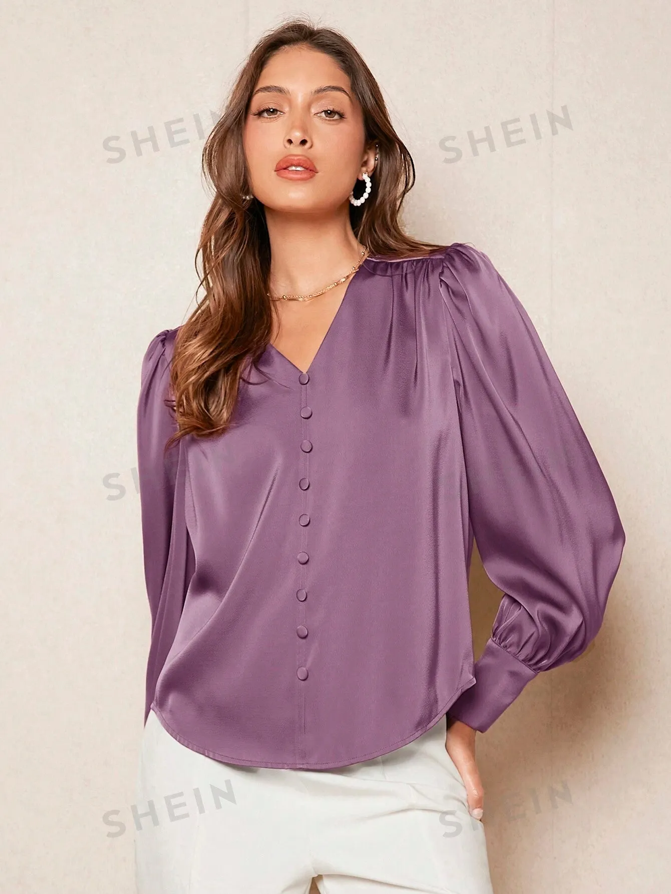 SHEIN BIZwear Solid Button Front Lantern Sleeve Satin Blouse