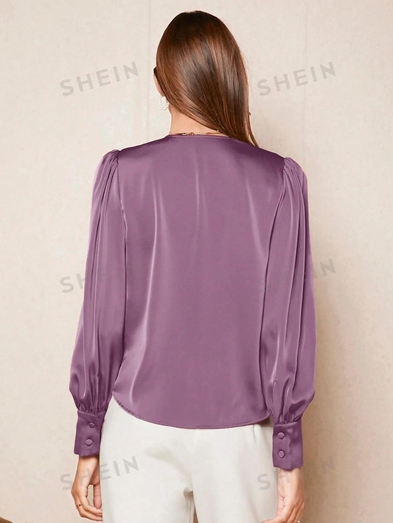 SHEIN BIZwear Solid Button Front Lantern Sleeve Satin Blouse
