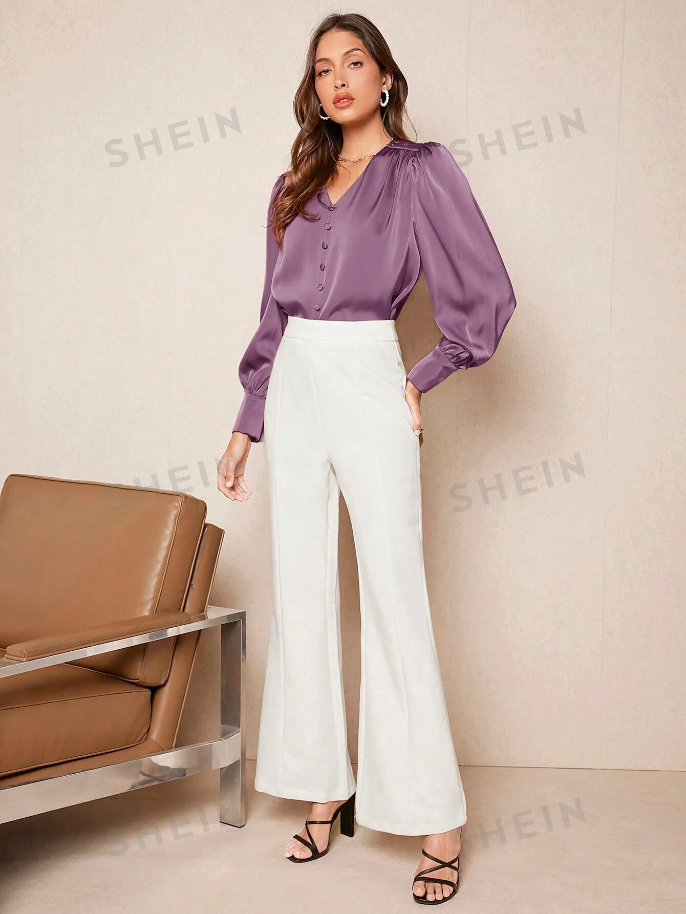 SHEIN BIZwear Solid Button Front Lantern Sleeve Satin Blouse