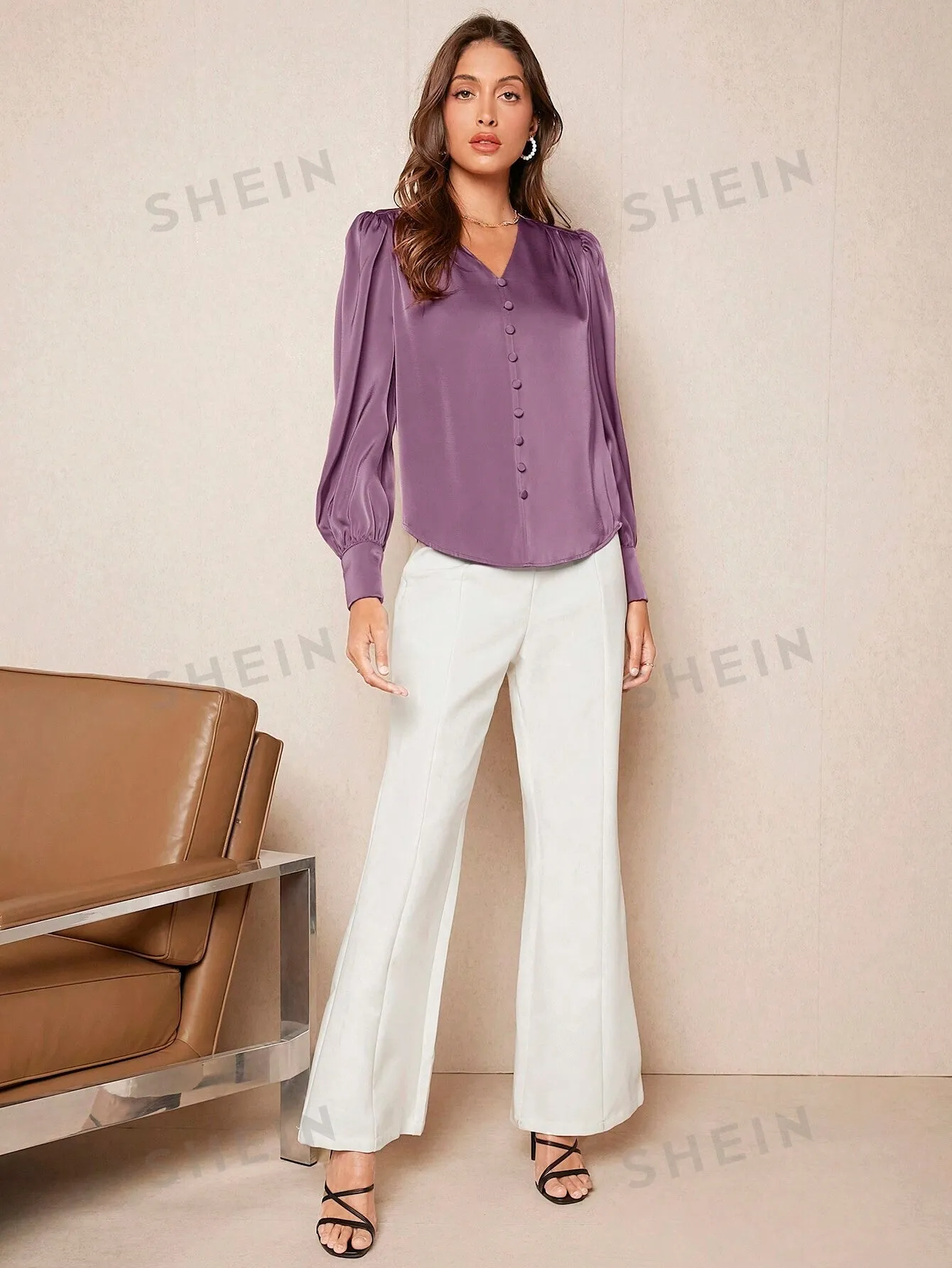 SHEIN BIZwear Solid Button Front Lantern Sleeve Satin Blouse
