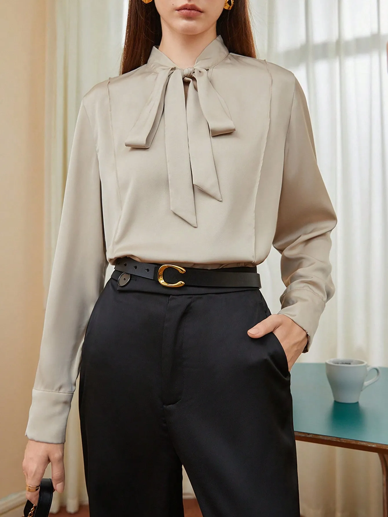 SHEIN BIZwear Solid Tie Neck Satin Blouse