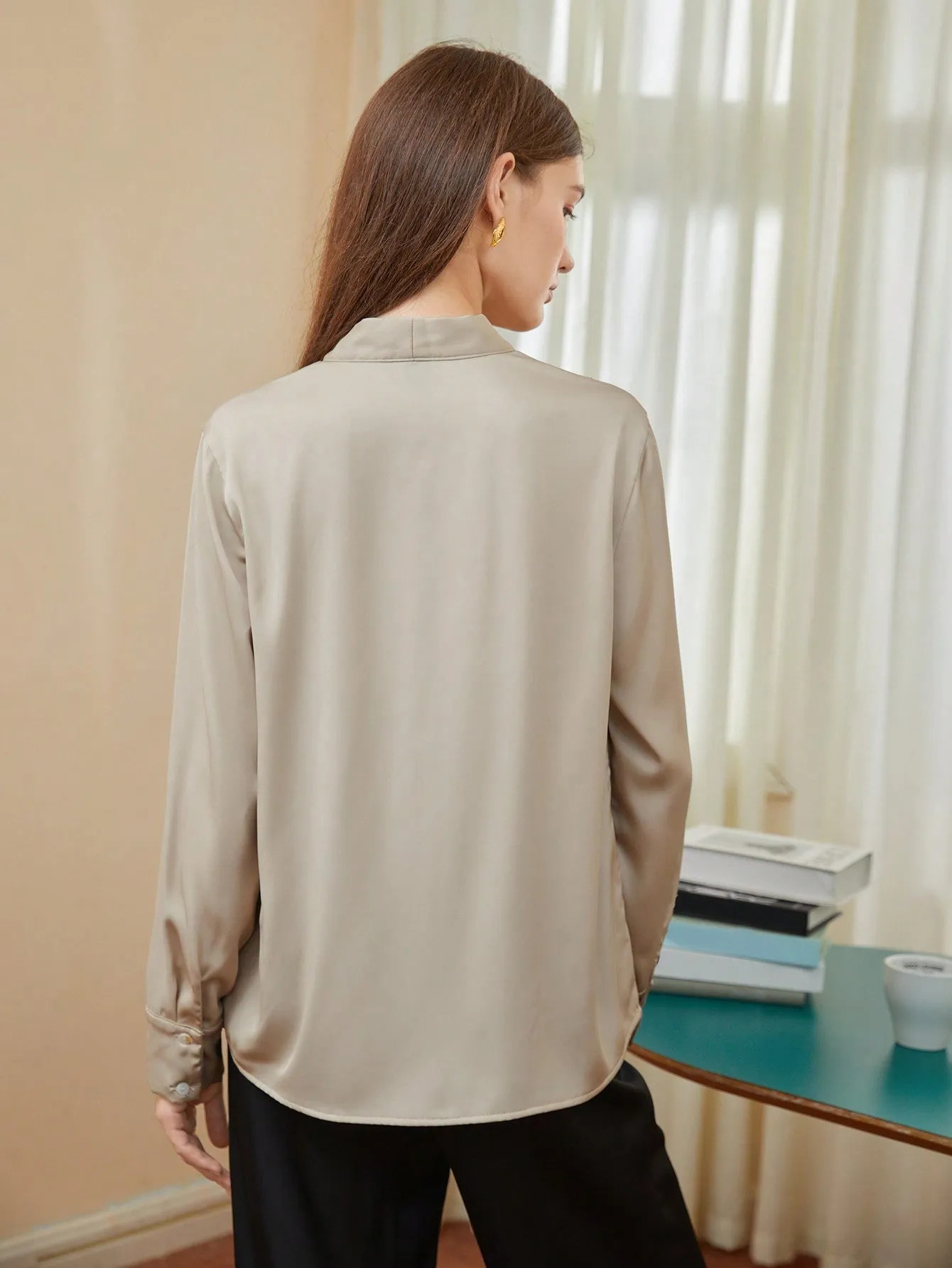 SHEIN BIZwear Solid Tie Neck Satin Blouse