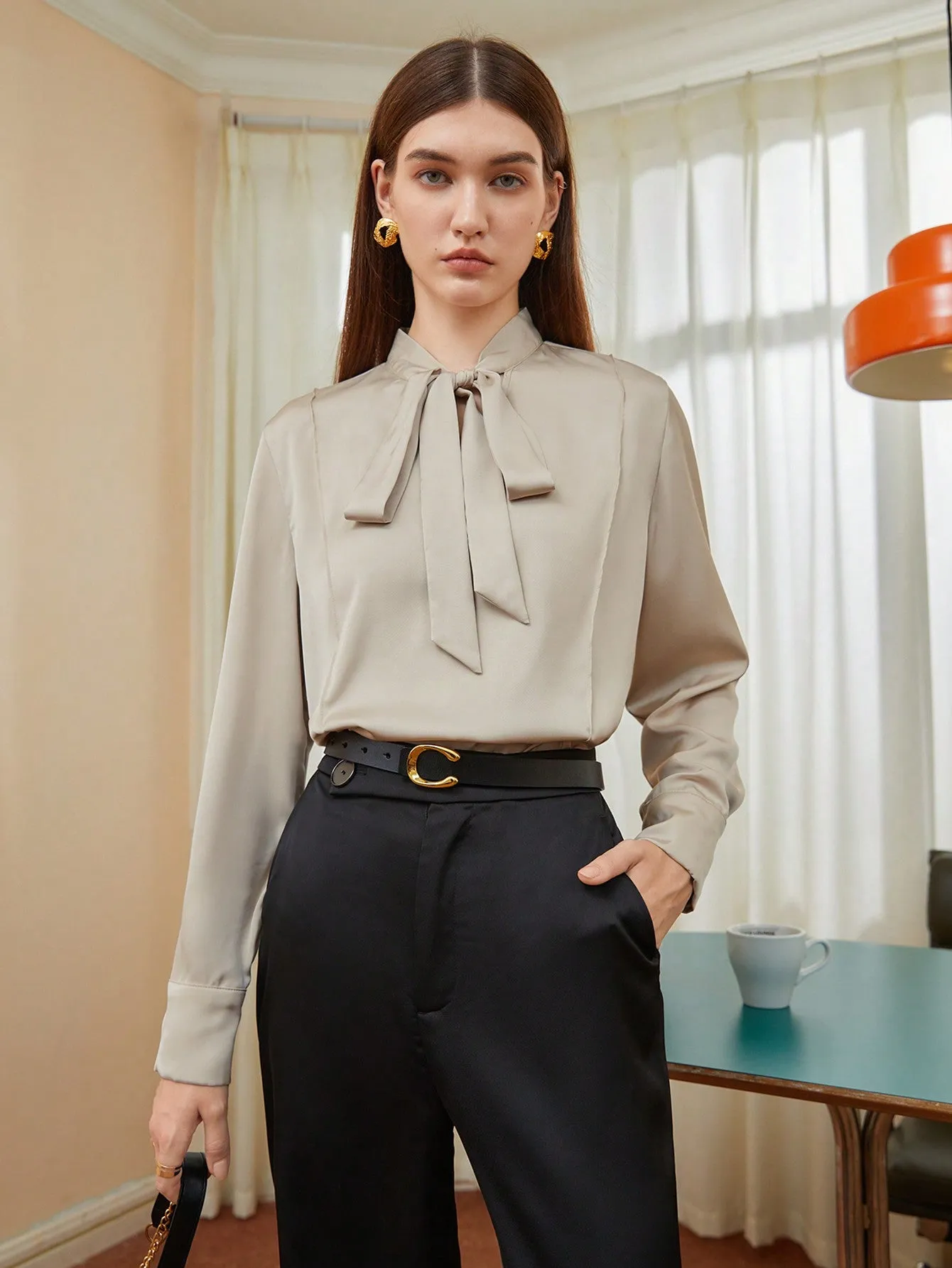 SHEIN BIZwear Solid Tie Neck Satin Blouse