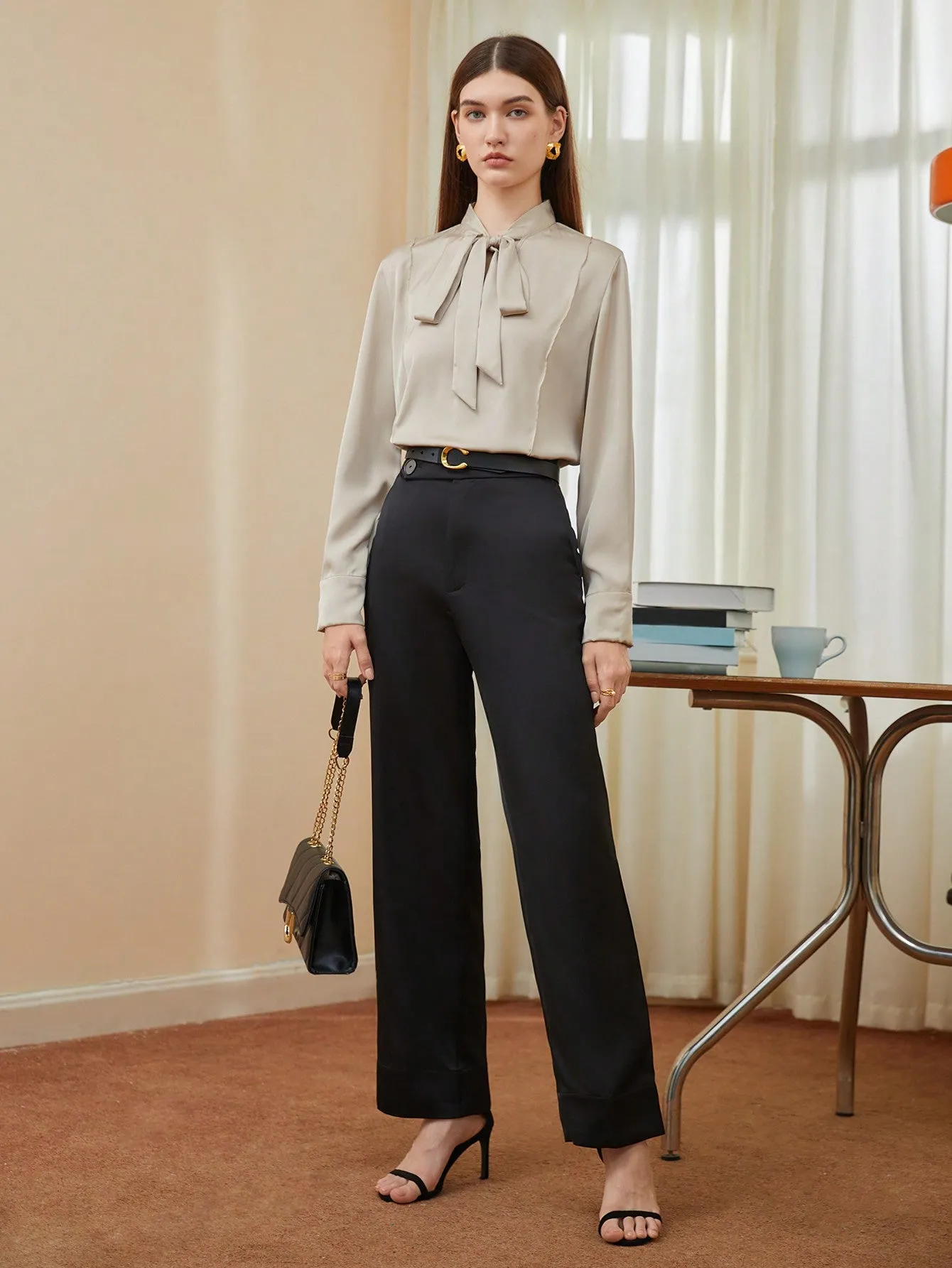 SHEIN BIZwear Solid Tie Neck Satin Blouse