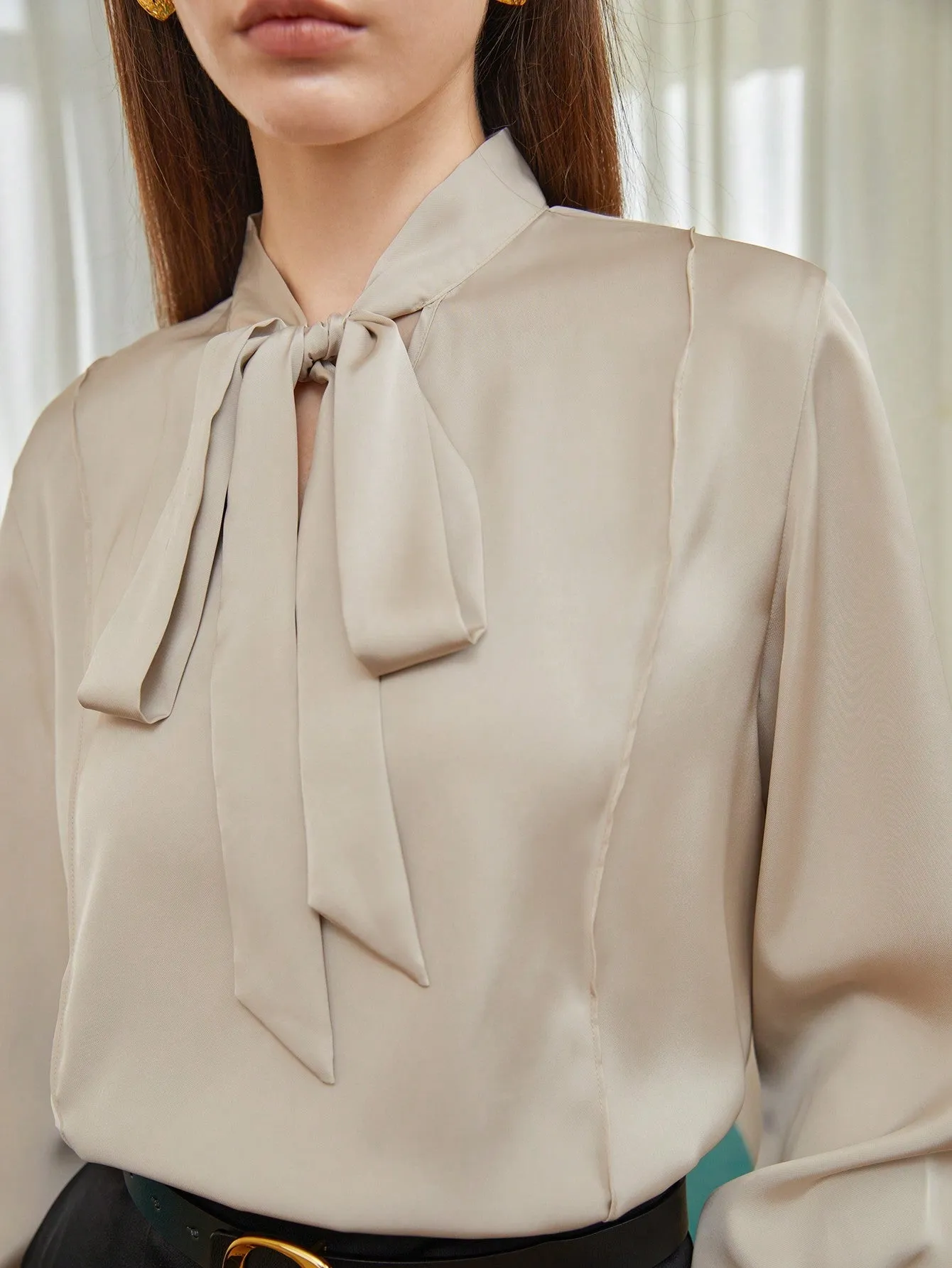 SHEIN BIZwear Solid Tie Neck Satin Blouse